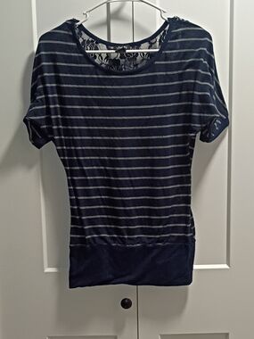 Justice Navy and Light Gray Striped Short Sleeve Tee with Lace Back